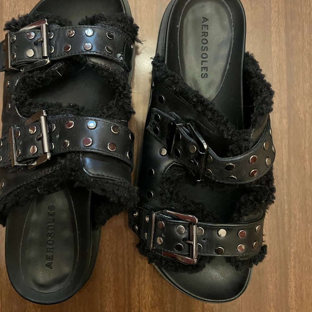 Aerosoles Black Fur Lined Double Strap Buckle Sandals size 7.5